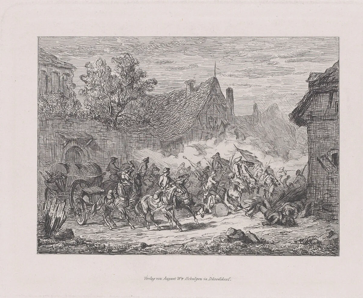 Military scene with a battle in a village — August Beck|August Wilhelm Schulgen