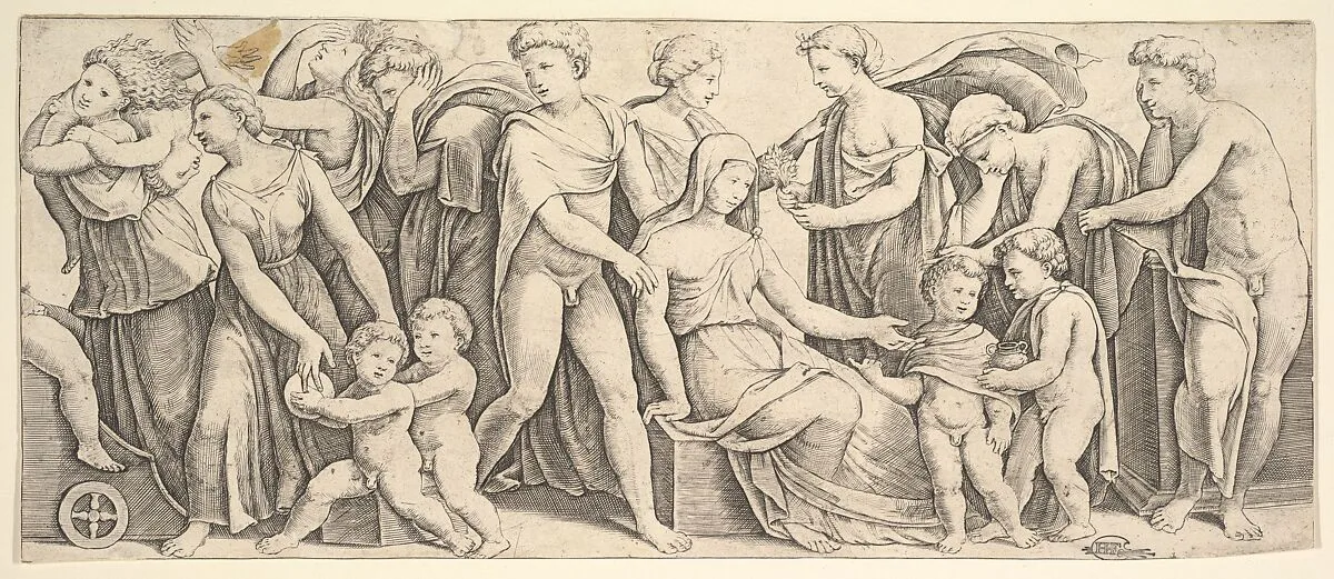The wedding of Jason and Creusa, at left Medea takes her children — Master of the Die