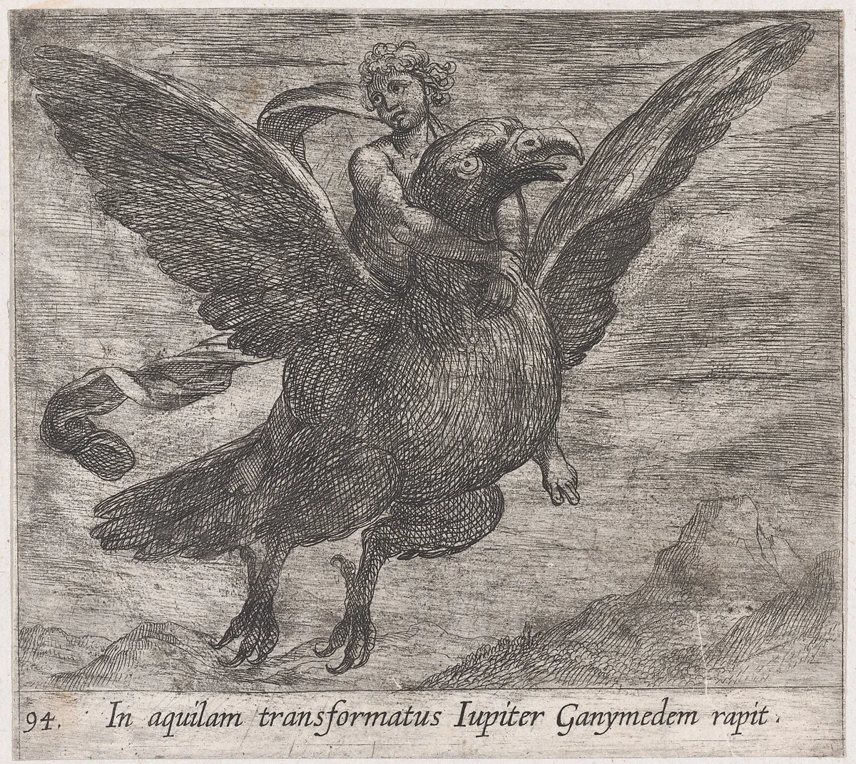 Plate 94: Jupiter and Ganymede (In aquilam transformatus Iupiter Ganymedem rapit), from Ovid's 'Metamorphoses' — Antonio Tempesta