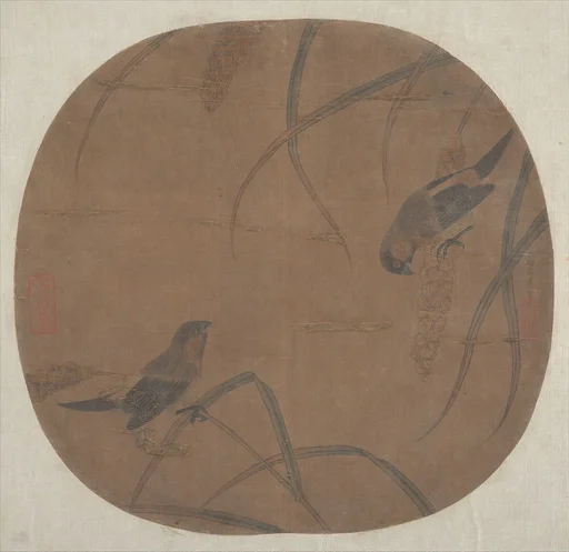 明/清 佚名 李安忠(僞款) 高粱雙雀圖 團扇|Sparrows and Millet