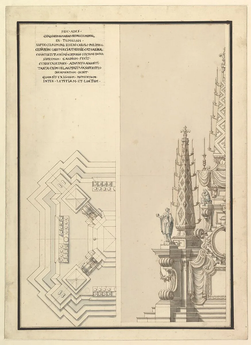 Design for Half Elevation and Half Ground Plan of a Catafalque for Countess Palatine of the Rhine, Theresia Catharine, wife of Count Palatine, Charles Philip III (1716-1742). — Giuseppe Galli Bibiena