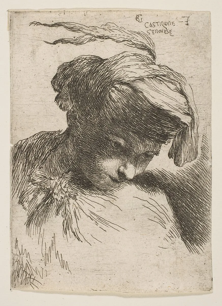 Young man looking down to right, from "Small Heads in Oriental Headdress" — Giovanni Benedetto Castiglione (Il Grechetto)