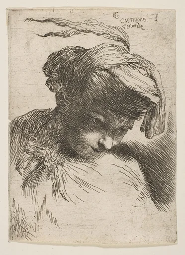 Young man looking down to right, from "Small Heads in Oriental Headdress"