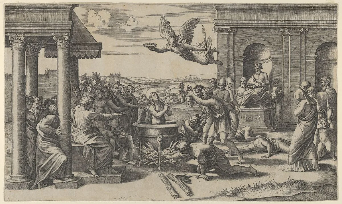 The Martydom of Saint Cecilia standing naked in a large cauldron, at left under a colonnade, sits a Roman Prefect, at right the statue of Jupiter in a niche — Marcantonio Raimondi|Raphael (Raffaello Sanzio or Santi)