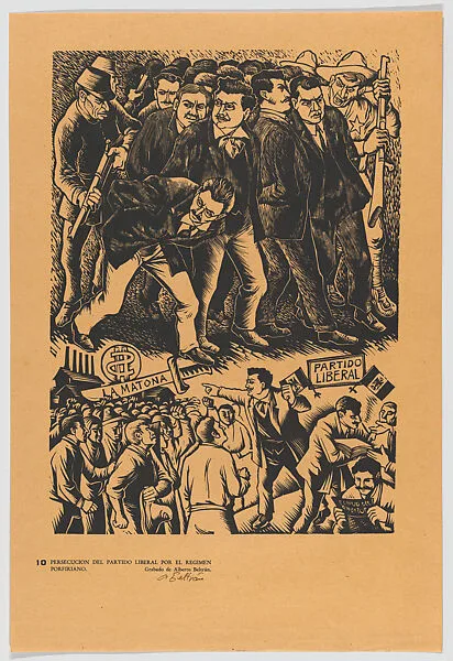 Plate 10: the persecution of those involved in the Partido Liberal by the regime of president of Porfirio Díaz , from the portfolio 'Estampas de la revolución Mexicana' (prints of the Mexican Revolution) — Alberto Beltrán|Taller de Gráfica Popular
