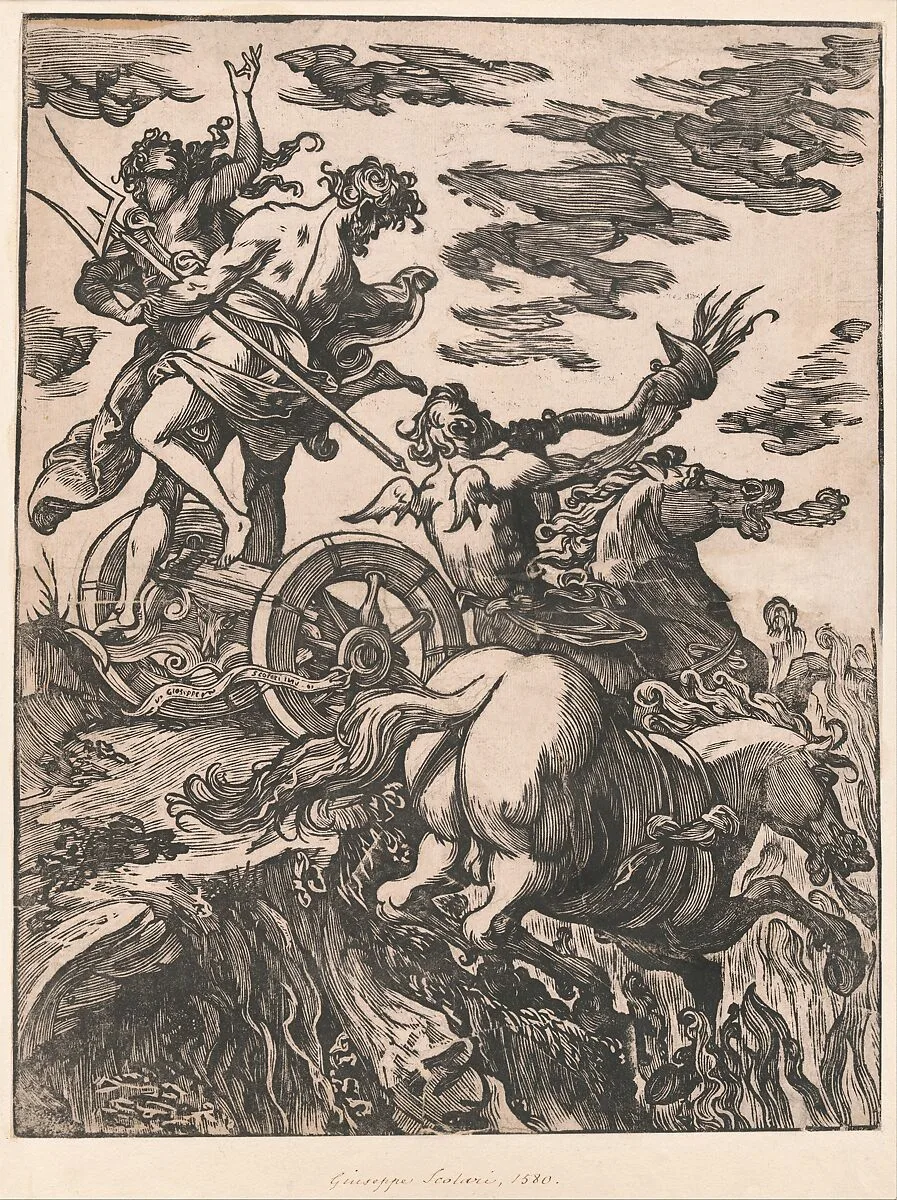 Rape of Persephone with Pluto on horseback at right — Giuseppe Scolari