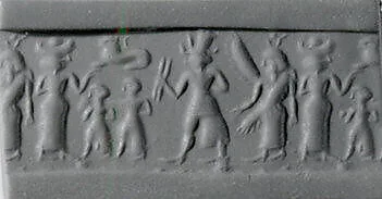 Cylinder seal and modern impression: war goddess flanked by goddesses with Egyptian-style sun-disk headdress and vertical wings — Unknown