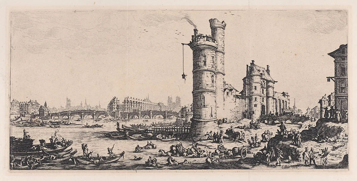 Vue de Pont-Neuf (View of the Pont-Neuf), from Les Deux Grandes Vues de Paris (The Two Large Views of Paris) — Jacques Callot