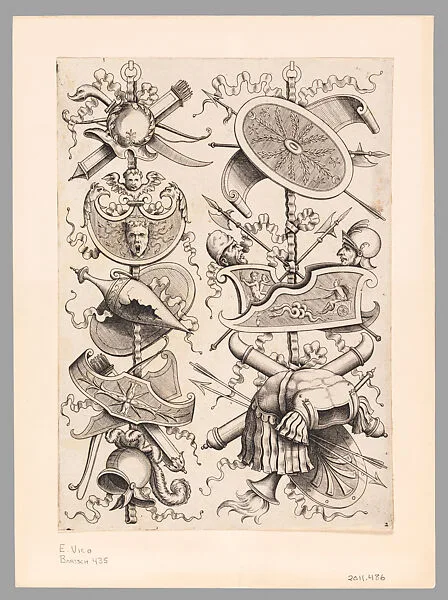 Two Armorial Trophies marked by the incorporation of a Broken Amphora on the Left, Plate 2 from the Libro de' Trofei — Anonymous, Italian|Enea Vico|Polidoro da Caravaggio|Antonio Lafreri