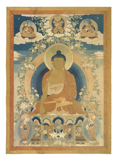 清康熙 滿繡釋迦牟尼佛唐卡|Buddha Shakyamuni with disciples