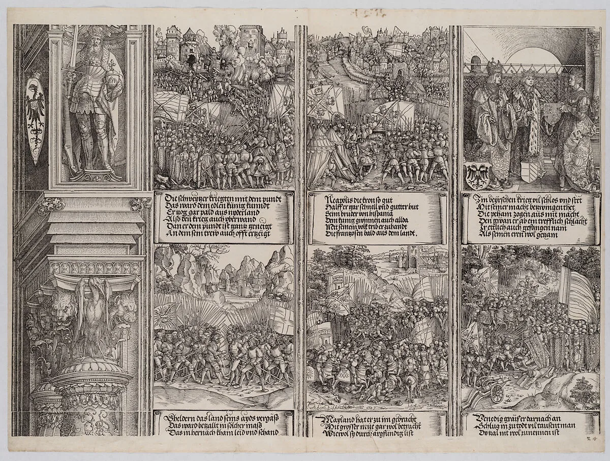 The Marriage of Philip the Fair to Joanna of Austria; Maximilian Recaptures the Occupied Territories from Hungary; The Conquest of Hungary; The Swiss War; The Liberation of Naples; and The Battle of Wenzenberg, from the Arch of Honor, proof, dated 1515, printed 1517-18 — Hieronymus Andreae|Albrecht Dürer|Hans Springinklee|Wolf Traut