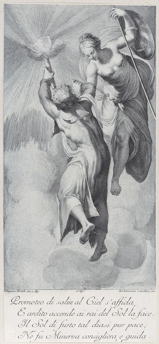 Minerva assisting Prometheus as he attempts to scale the heavens — Gabriel Söderling|Pellegrino Tibaldi|Giampietro Zanotti|Bartolomeo Crivellari