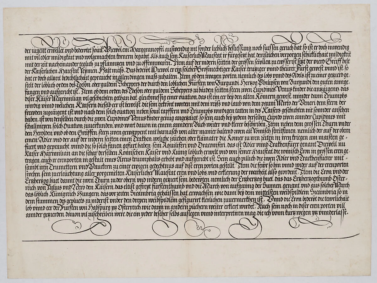Explanatory Text, Part V, from the Arch of Honor, proof, dated 1515, printed 1517-18 — Johann Neudörffer the Elder|Hieronymus Andreae