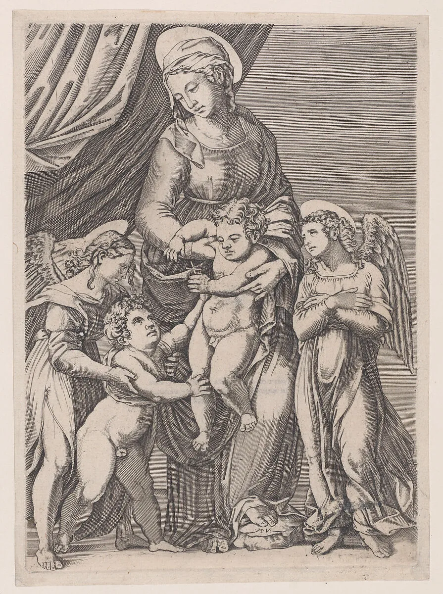 The Virgin, the Infant Christ, Infant Saint John, and Two Angels — Agostino Veneziano (Agostino dei Musi)|Francesco Francia