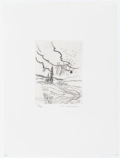 Landscape with one tall tree and five smaller trees, with plants in the foreground, from 'Pictures from my hand' (Bilder från min hand) — Ulf Eriksson|CBS Grafik