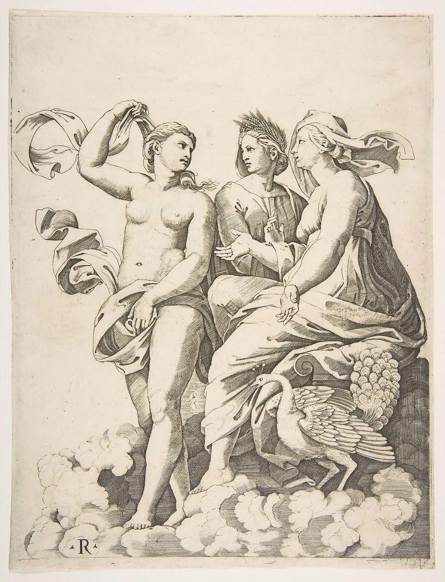 Juno, Ceres, and Psyche in the clouds conversing, Juno seated with a peacock at her feet, Ceres wearing a garland of wheat and Psyche partially naked and holding a cloth — Marco Dente|Giulio Romano|Raphael (Raffaello Sanzio or Santi)