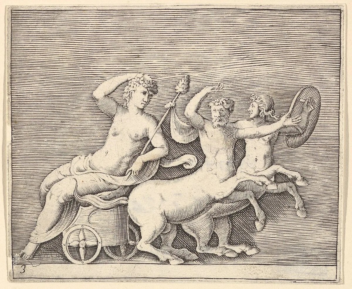 Reclining Female Figure on a Chariot drawn by Two Centaurs, from "Ex Antiquis Cameorum et Gemmae Delineata/ Liber Secundus/et ab Enea Vico Parmen Incis" — Enea Vico|Francesco Angeloni|Battista Franco|Philippe Thomassin|Anonymous, Italian, 16th century