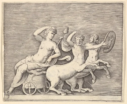 Reclining Female Figure on a Chariot drawn by Two Centaurs, from "Ex Antiquis Cameorum et Gemmae Delineata/ Liber Secundus/et ab Enea Vico Parmen Incis"