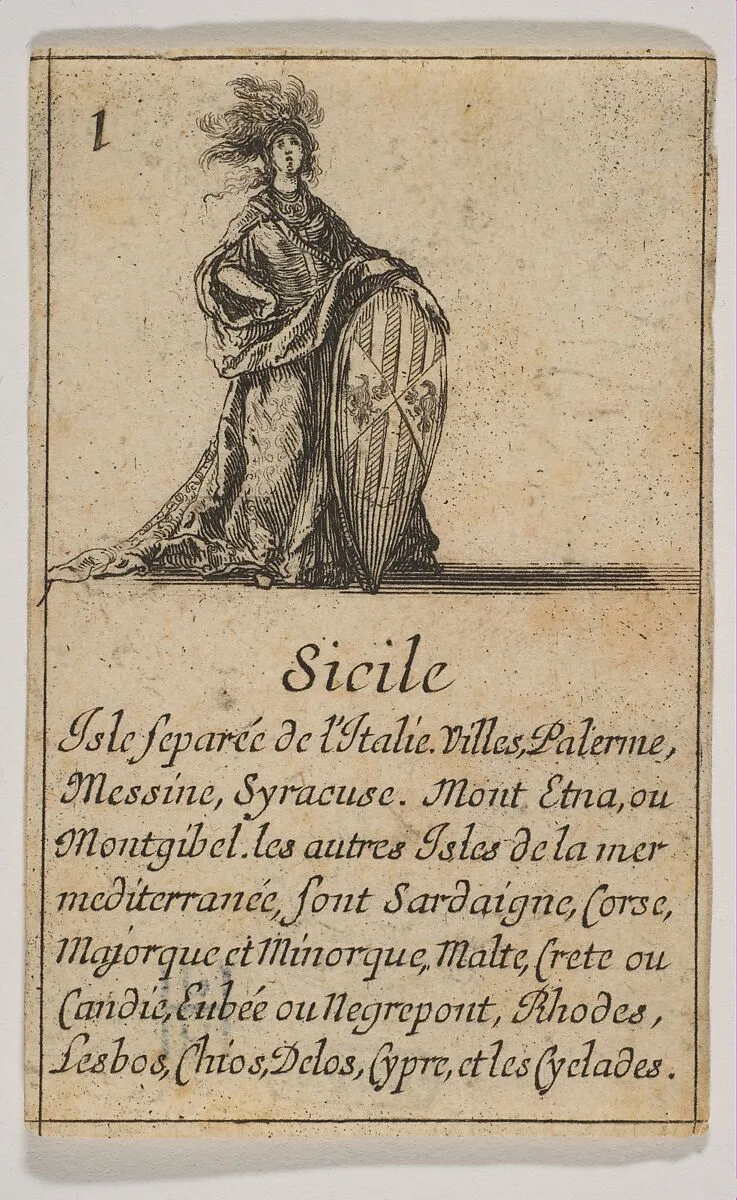 Sicile, from "Jeu de la Géographie" — Stefano della Bella|Jean Desmarets de Saint-Sorlin|Henri Le Gras|Louis XIV, King of France|Cardinal Jules Mazarin