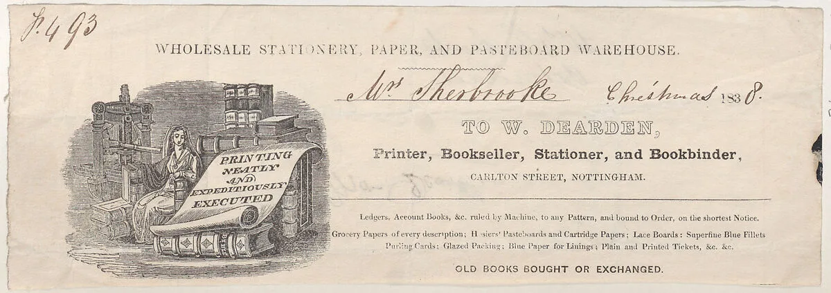 Trade Card for W. Dearden, Printer, Bookseller, Stationer, and Bookbinder — Anonymous, British, 19th century