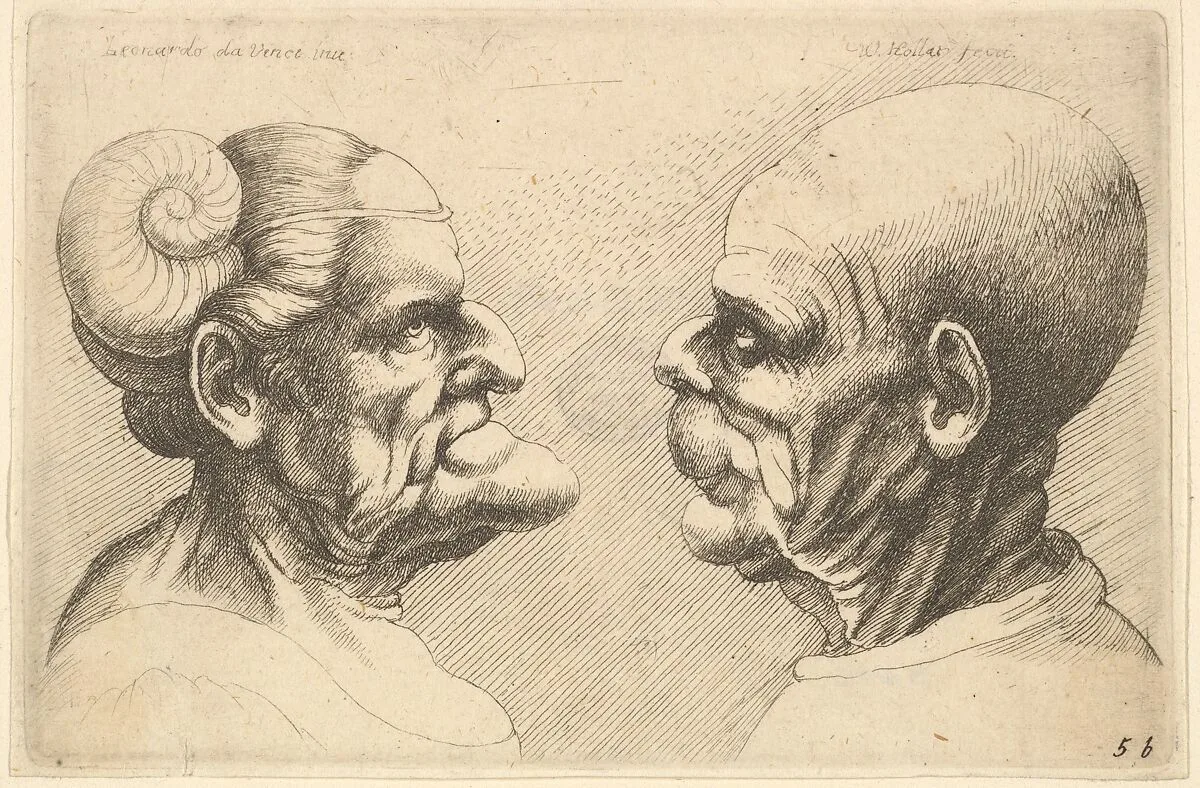 Two deformed heads facing each other — Leonardo da Vinci|Wenceslaus Hollar
