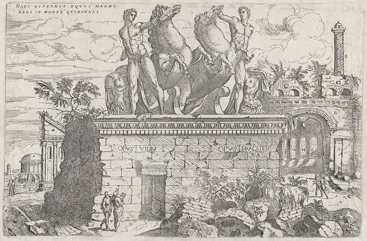 Roman ruins with the horse tamers (Dioscuri) on the Quirinal Hill, plate 36 from "Discorsi Sopra L’Antichita di Roma" — Giovanni Battista Pittoni the Elder