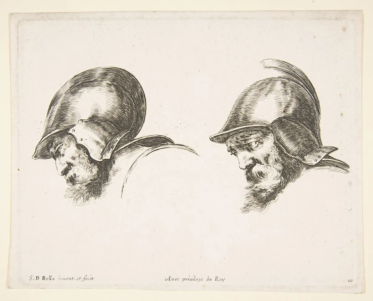 Plate 10: two heads of old soldiers wearing helmets, both facing left and looking downwards, from 'The principles of design' (I principii del disegno) — Stefano della Bella