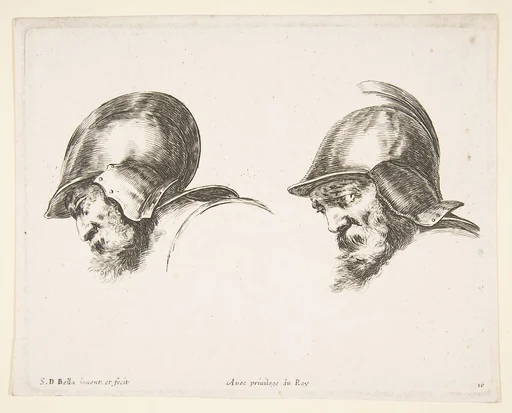 Plate 10: two heads of old soldiers wearing helmets, both facing left and looking downwards, from 'The principles of design' (I principii del disegno)