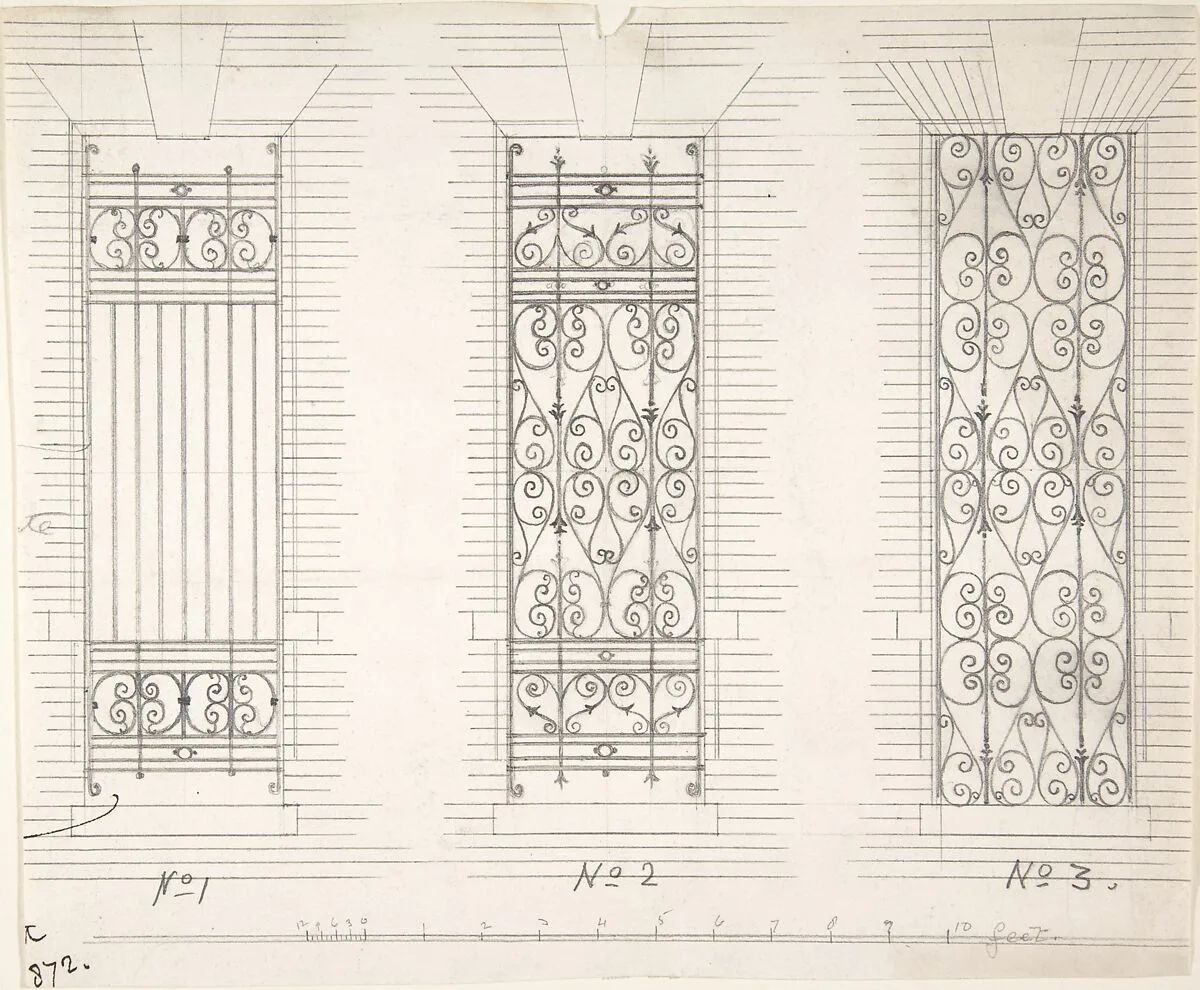 Design for Three Wrought Iron Window Guards — Anonymous, British, 19th century