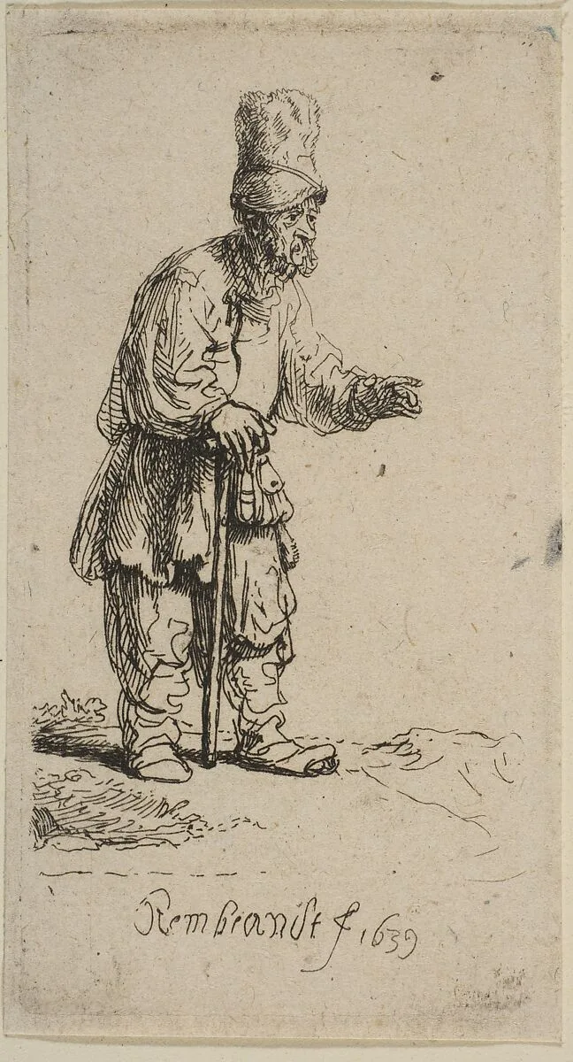 A Peasant in a High Cap, Standing Leaning on a Stick — Rembrandt (Rembrandt van Rijn)