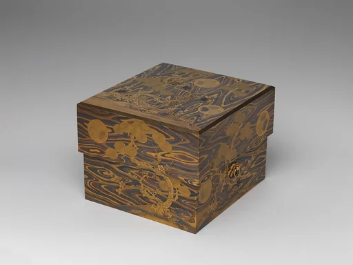 木目地松竹梅葵紋蒔絵元結箱|Box for Hair Ornaments (motoyui-bako) with Pine, Bamboo, Plum, and Tokugawa Family Crest on Wood-Grain Ground