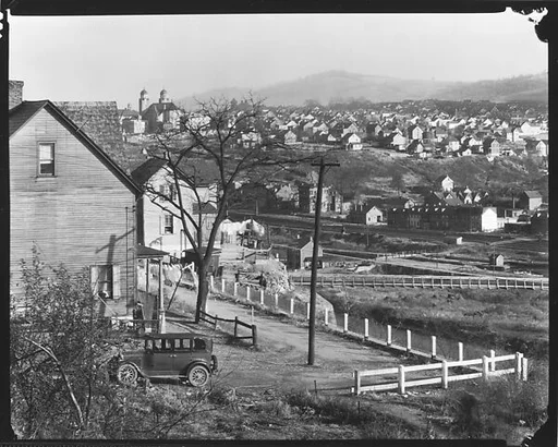 [View of Houses on Hillside with Clapboard House and Parked Car in Foreground, Easton, Pennsylvania]