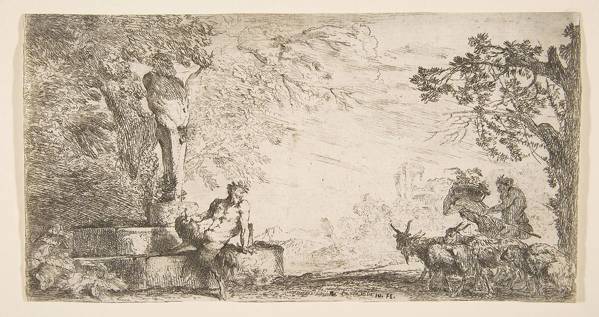 A satyr reclining at the foot of a staute of Priapus, goats at the right — Giovanni Benedetto Castiglione (Il Grechetto)