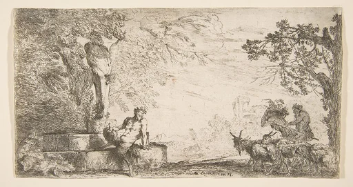 A satyr reclining at the foot of a staute of Priapus, goats at the right
