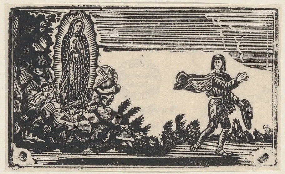 The Virgin of Guadalupe appearing to a man holding a hat — Anonymous, Mexican