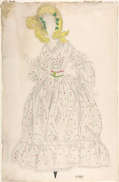 Woman wearing a yellow bonnet and polka-dot dress — Léon Bakst