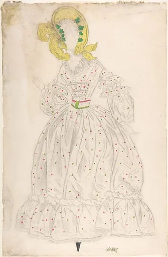 Woman wearing a yellow bonnet and polka-dot dress