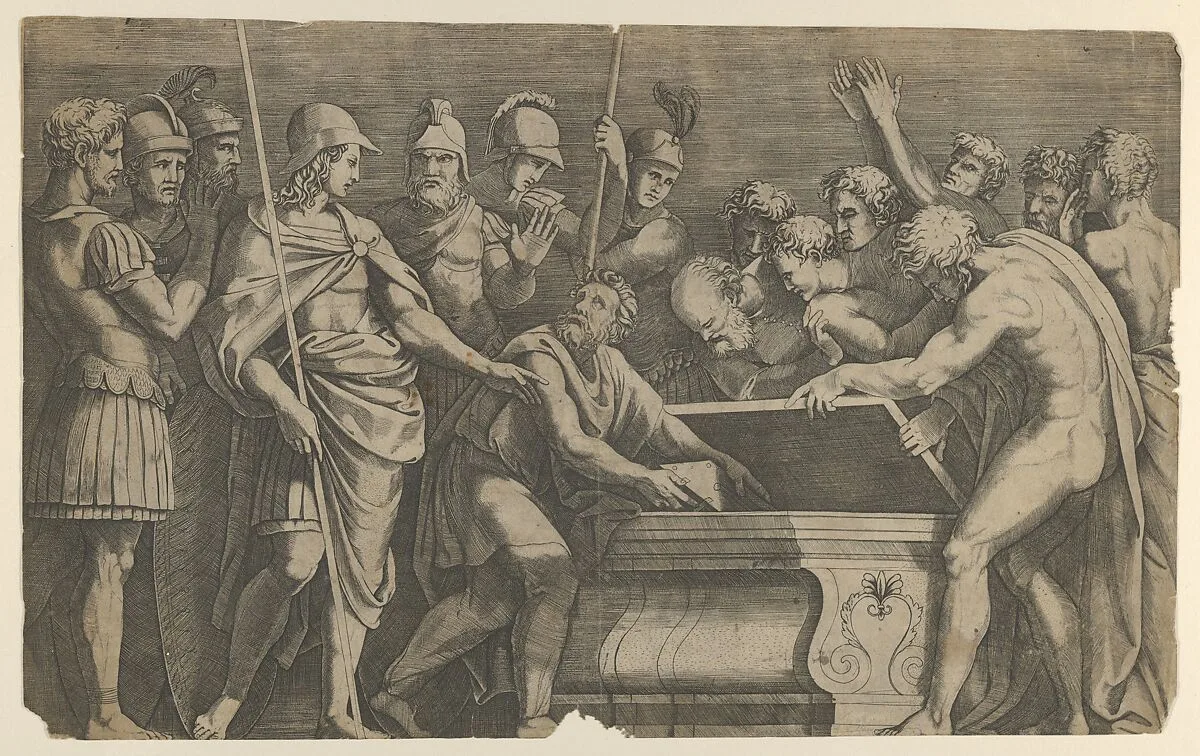 Alexander the Great commanding that the work of Homer be placed in the tomb of Achilles — Marcantonio Raimondi|Anonymous