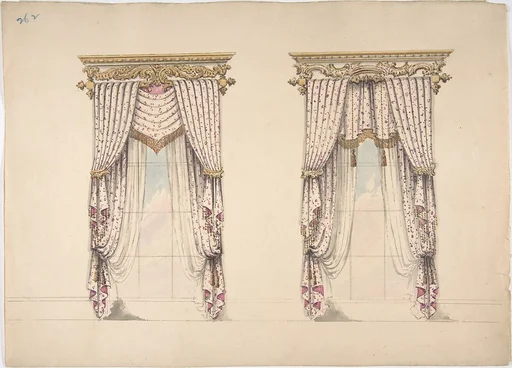 Design for Pink and White Curtains with Gold Fringes, and Gold and White