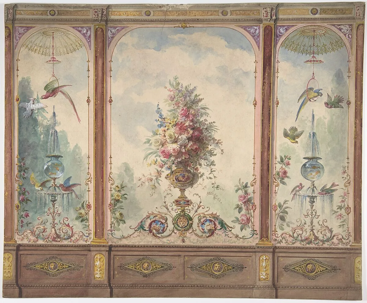 Design for a Wall with a Flower Vase, Birds, Two Gold Fish and Globe Fountains — Anonymous, British, 19th century