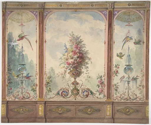 Design for a Wall with a Flower Vase, Birds, Two Gold Fish and Globe Fountains