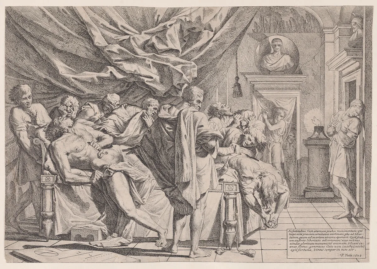 The suicide of the philosopher Cato, who lies on his bed pulling out his innards watched by horrified disciples — Pietro Testa
