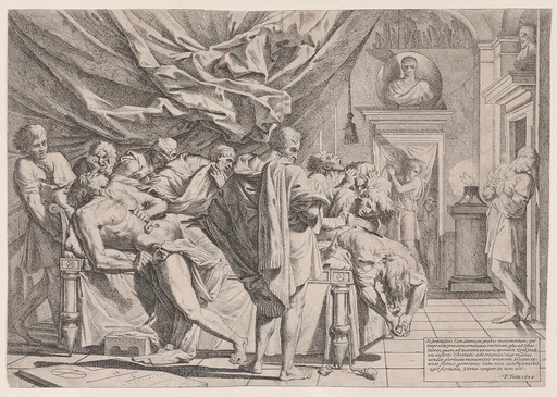 The suicide of the philosopher Cato, who lies on his bed pulling out his innards watched by horrified disciples