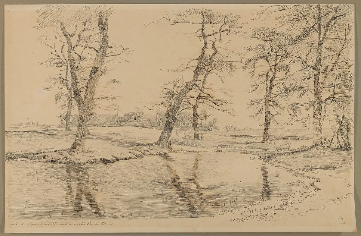 A Brook near a Farm in Usserød with Cows and Two Figures — Johan Thomas Lundbye