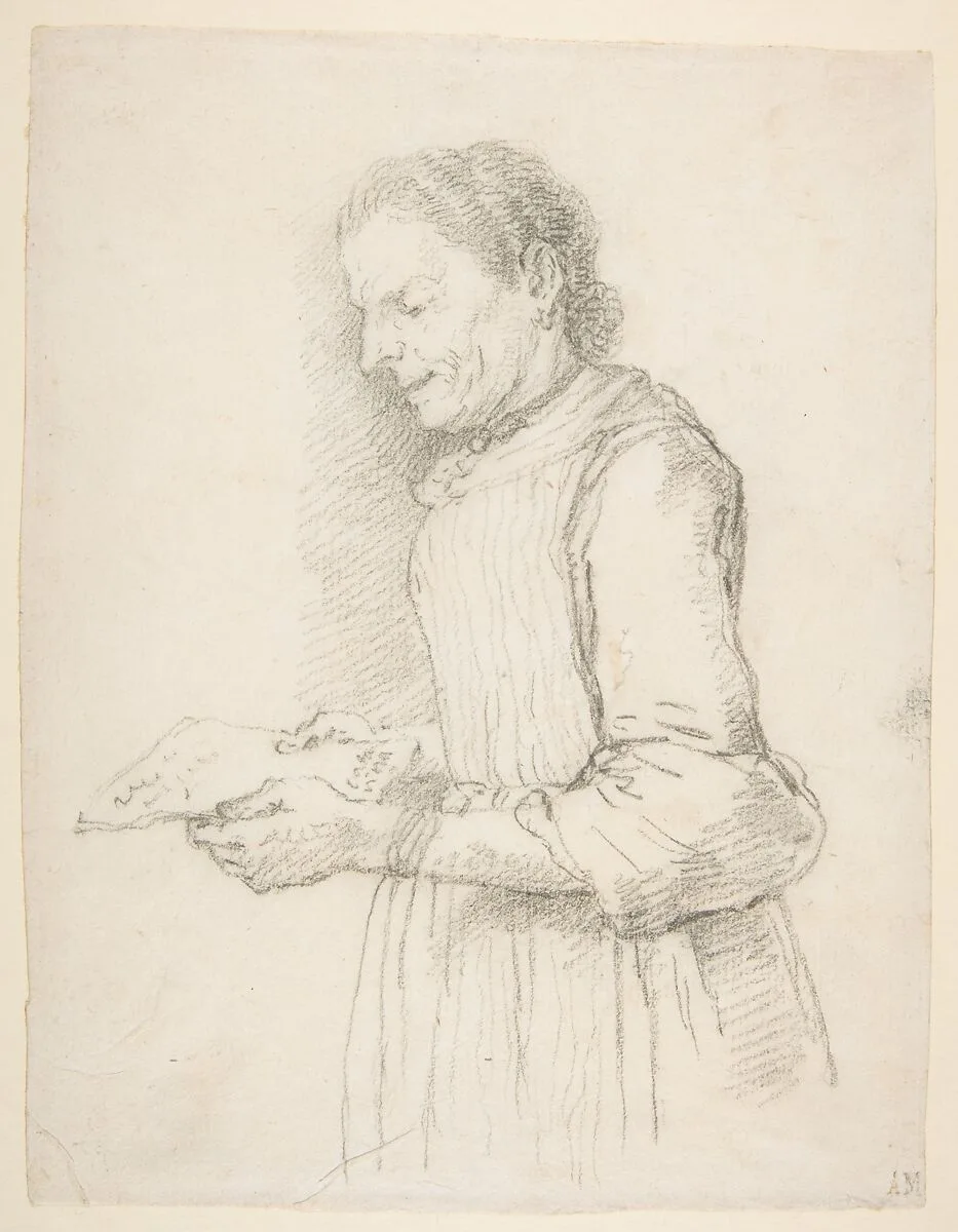 Woman in Half-Length, Profile View Facing Left and Reading a Piece of Paper Signed "Catarina" — Francesco Zuccarelli
