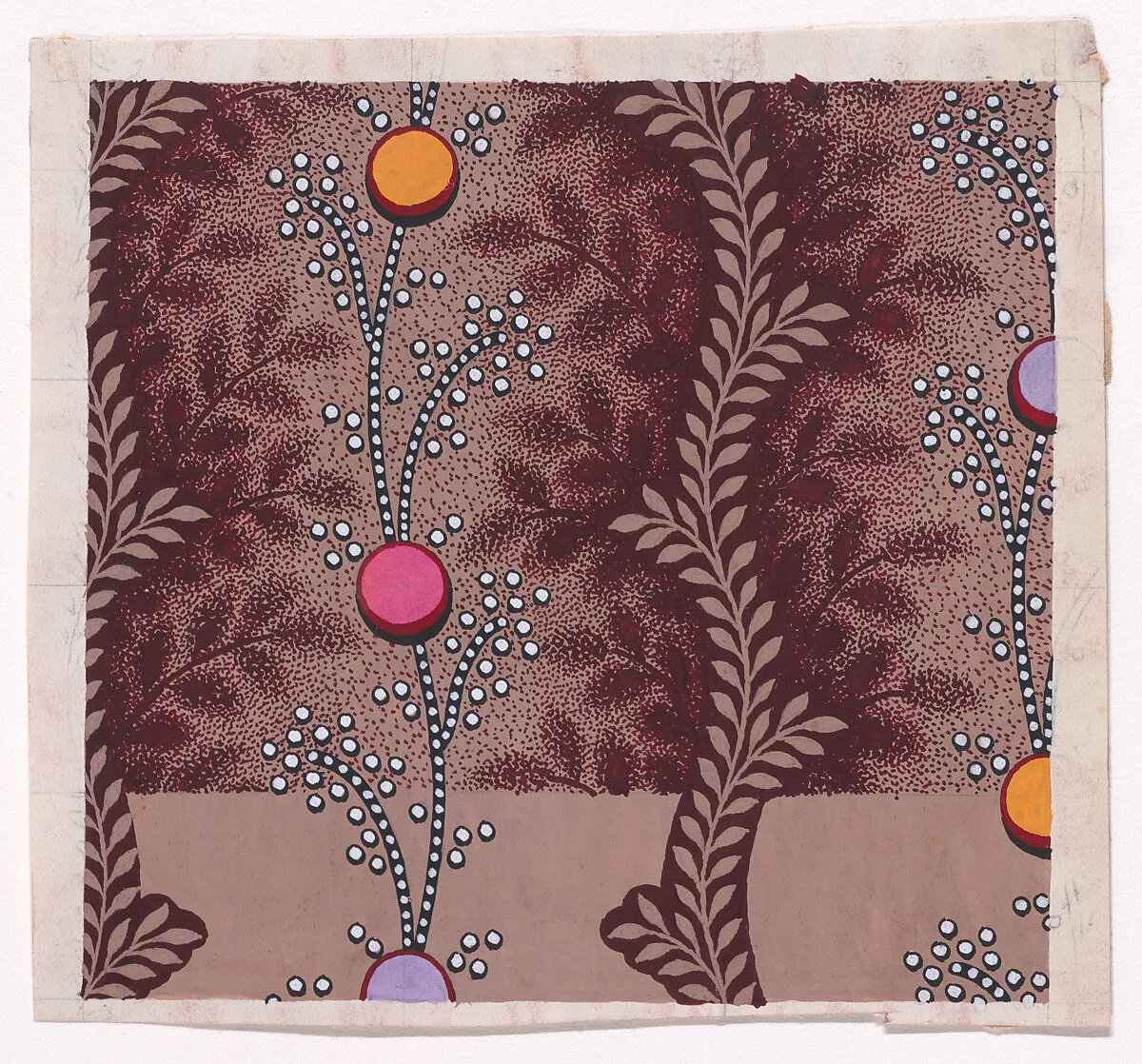 Textile Design with Vertical Scrolls of Pearls with Circles Separated by Vertical Undulating Garlands of Stylized Leaves — Anonymous, Alsatian, 19th century