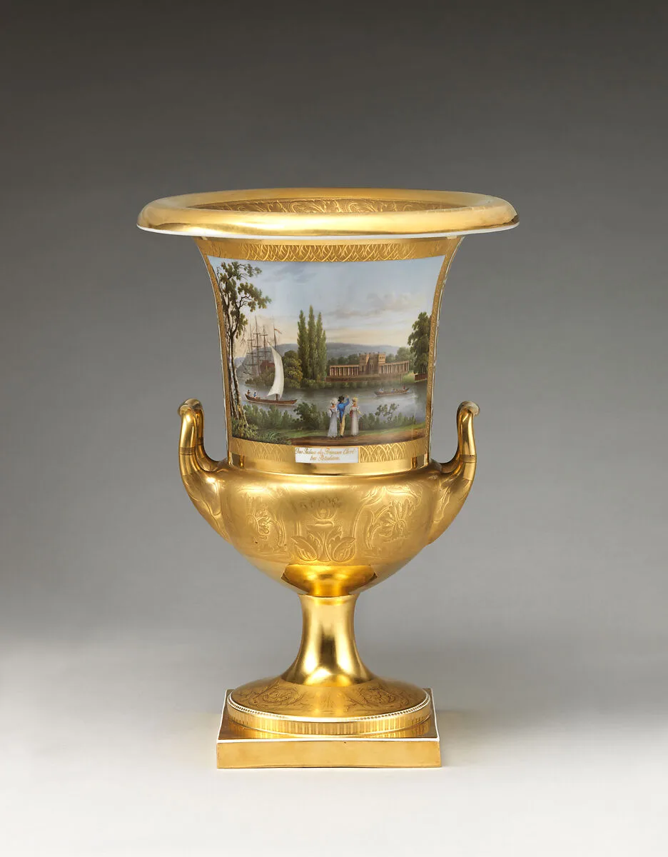Krater vase with a signed view of Potsdam — August Wilhelm Schirmer|Johann Eusebius Anton Forst|Royal Porcelain Manufactory (Königliche Porzellan-Manufaktur), Berlin