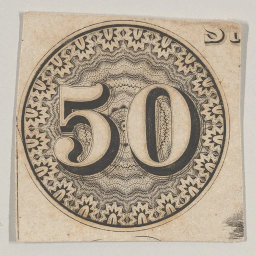 Banknote motif: the number 50 against an ornamental lathe work rondel resembling lace