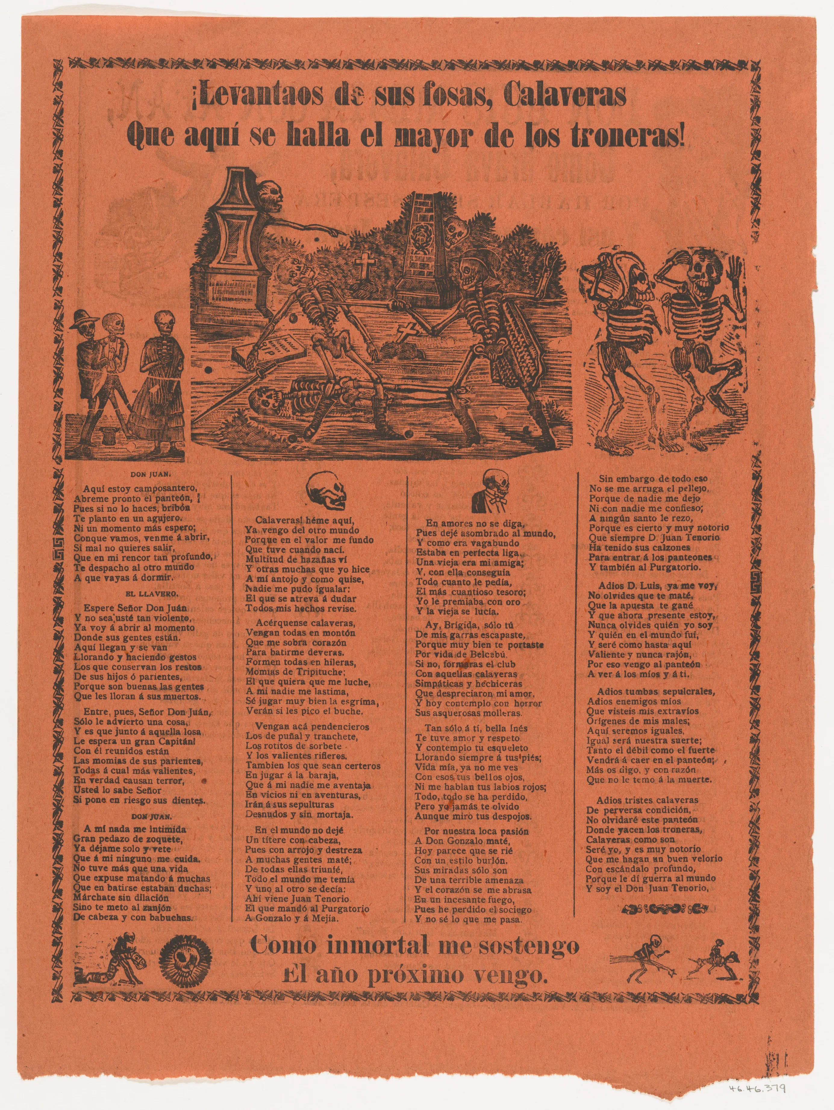 Broadsheet relating to skeletons rising from their graves, two skeletons duelling with swords — Manuel Manilla|José Guadalupe Posada|Antonio Vanegas Arroyo