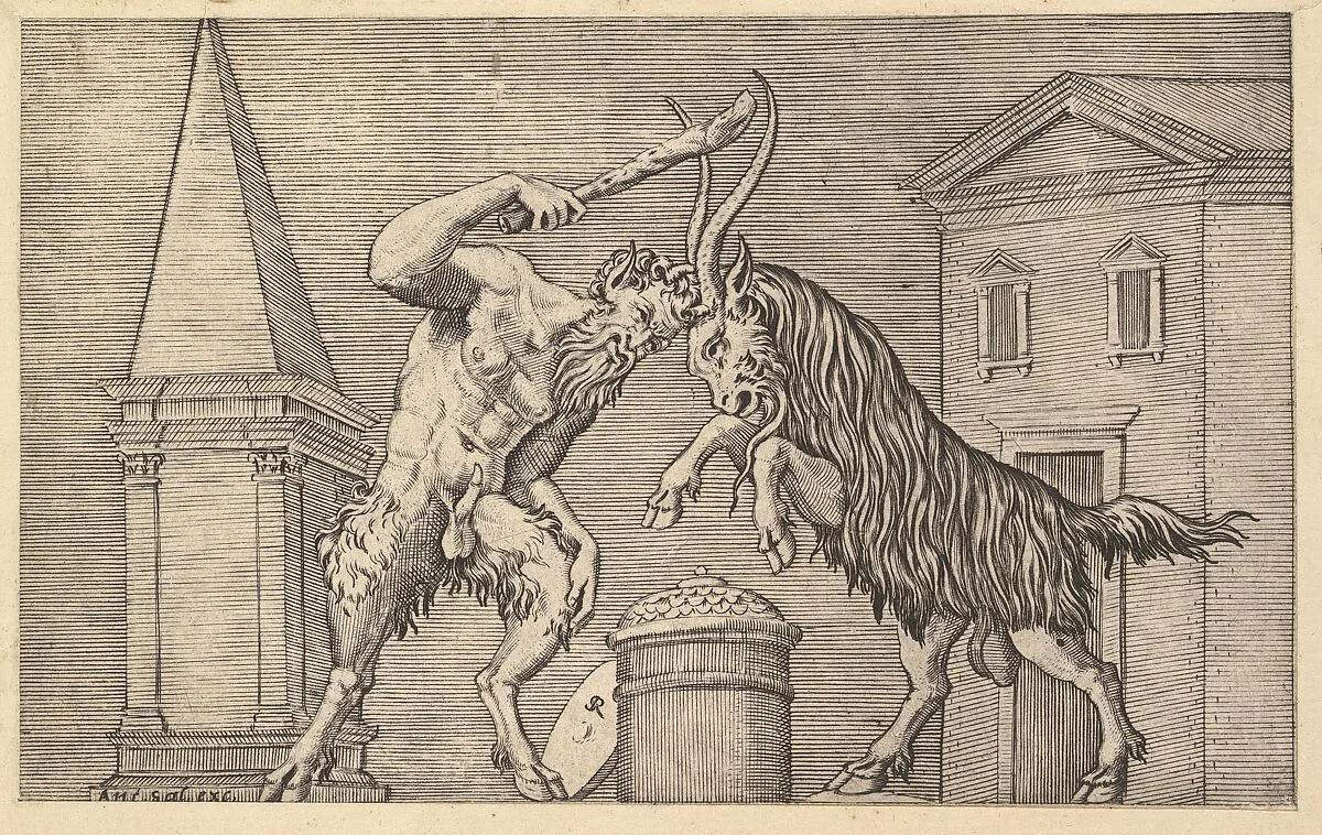Speculum Romanae Magnificentiae: A Satyr and a Ram Clashing — Marco Dente|Antonio Salamanca
